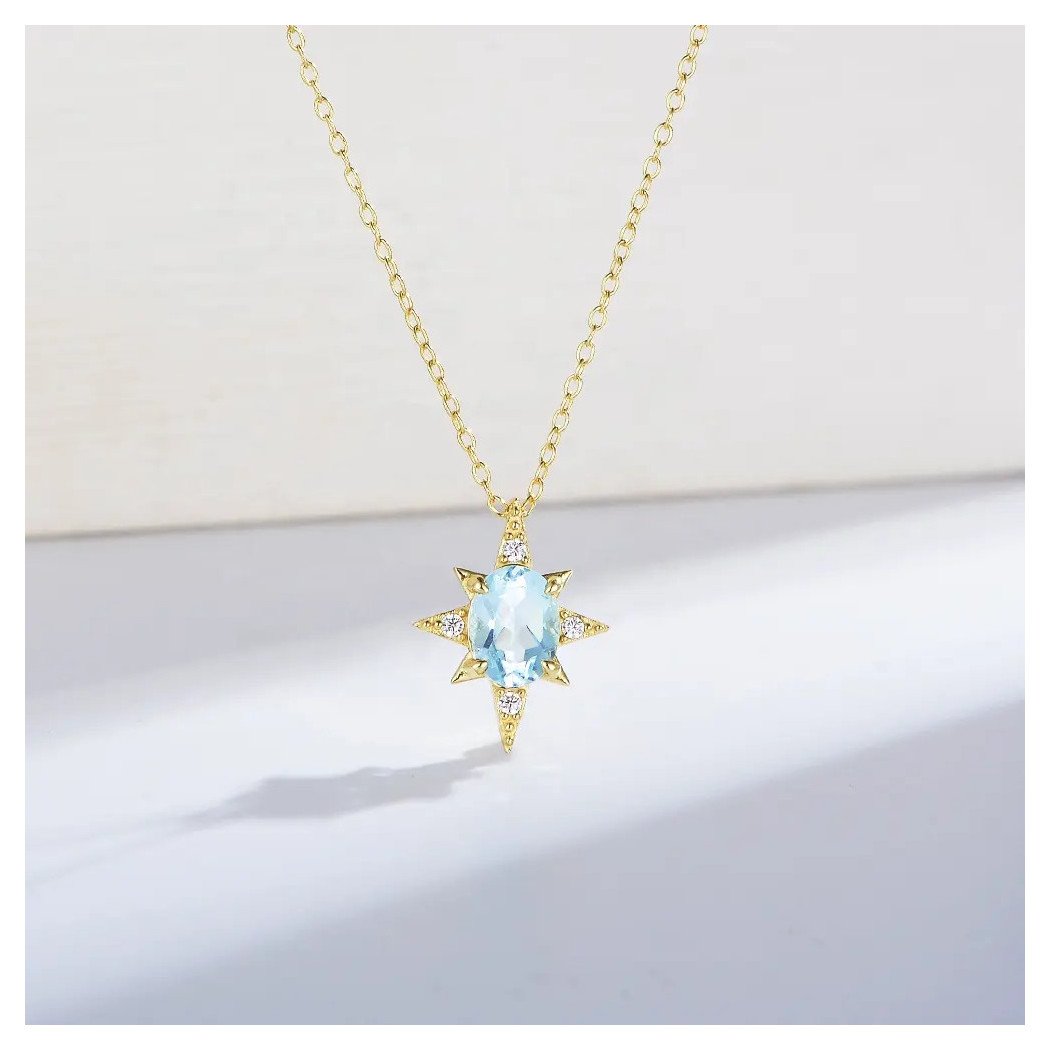 Collier Femme Argent 925 avec Pendentif Ovale en Zircon Bleu Ciel