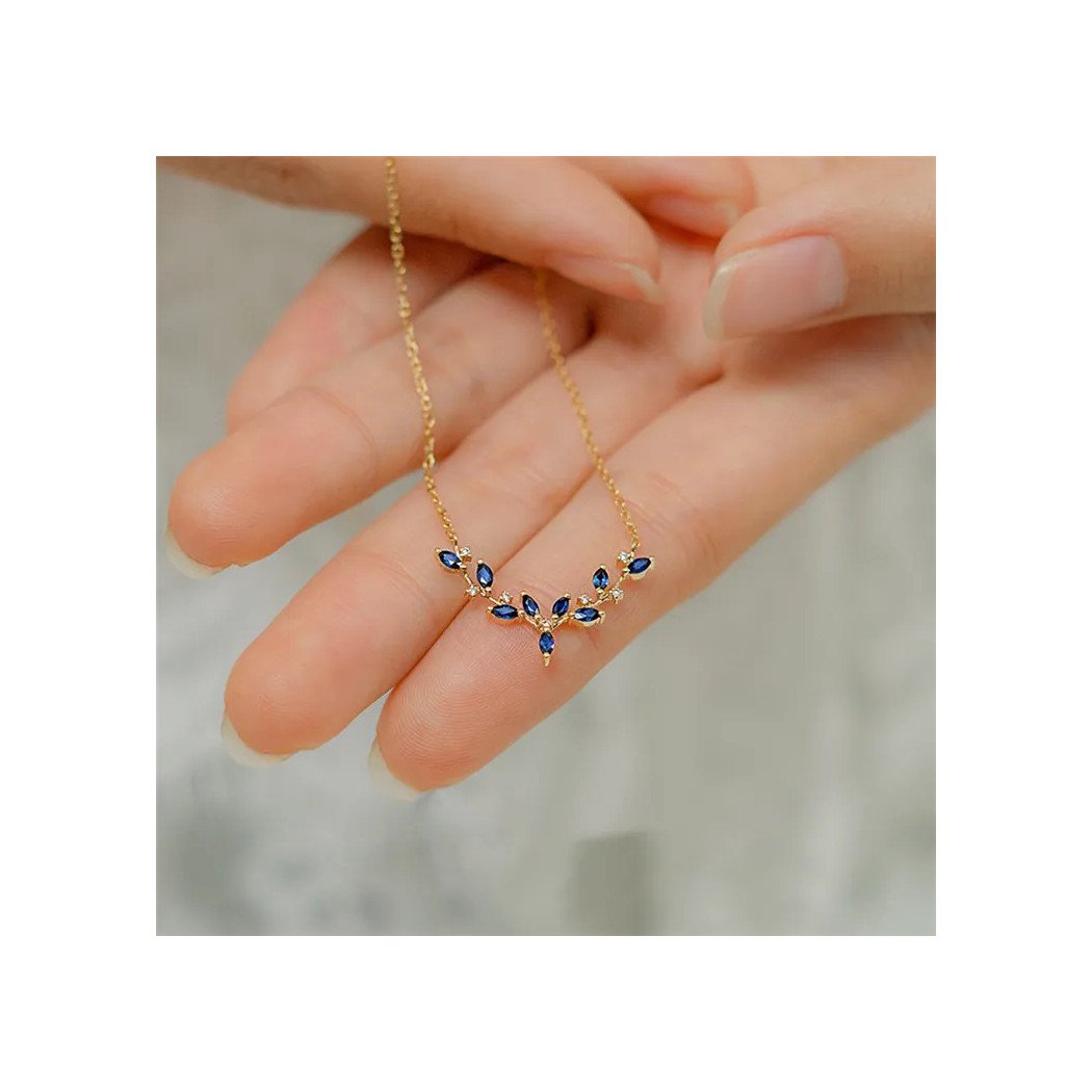 Collier Femme en Argent 925 avec Feuilles de Saphir