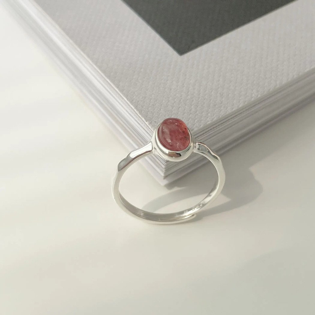 Bague en argent S925 avec cristaux rose fraise | Bague ajustable élégante