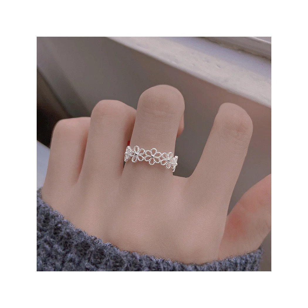 Bague élégante en argent S925, fleur ajustable pour femme, bijou raffiné