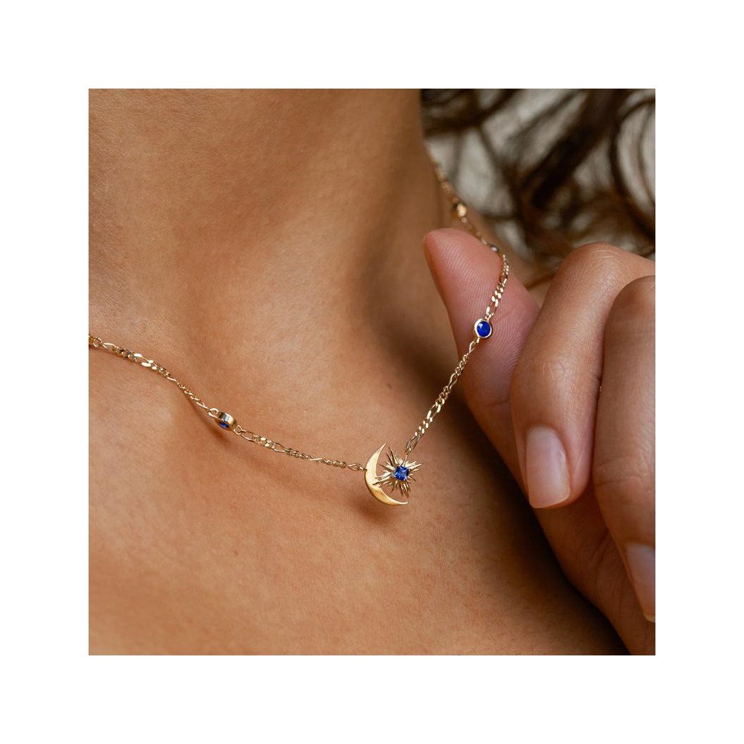 Collier vintage femme doré lune et étoile avec pierre bleue