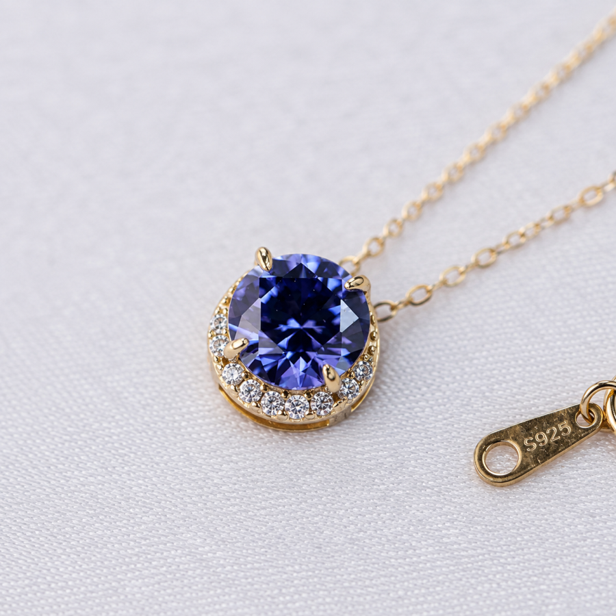 Collier en argent 925 avec pendentif zircon bleu doré