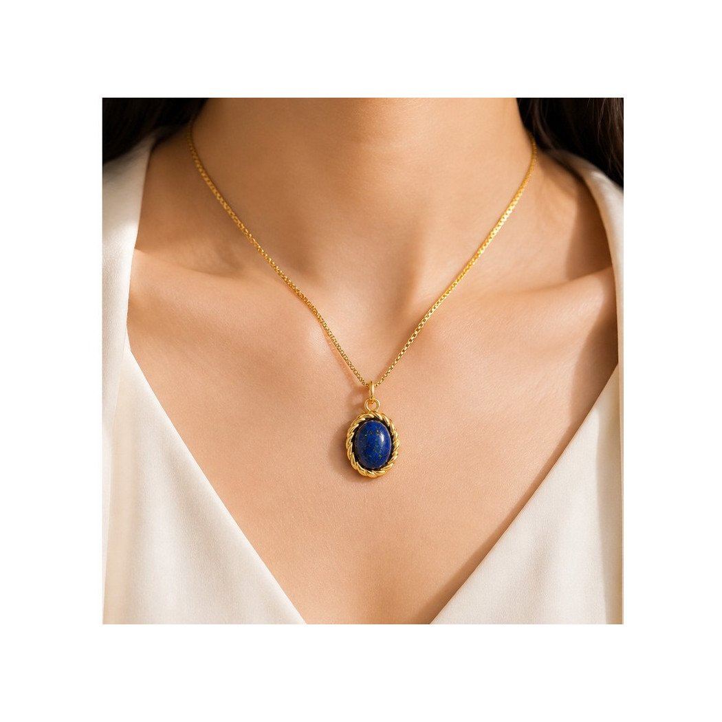 Collier Femme Doré avec Pendentif Ovale en Lapis-Lazuli