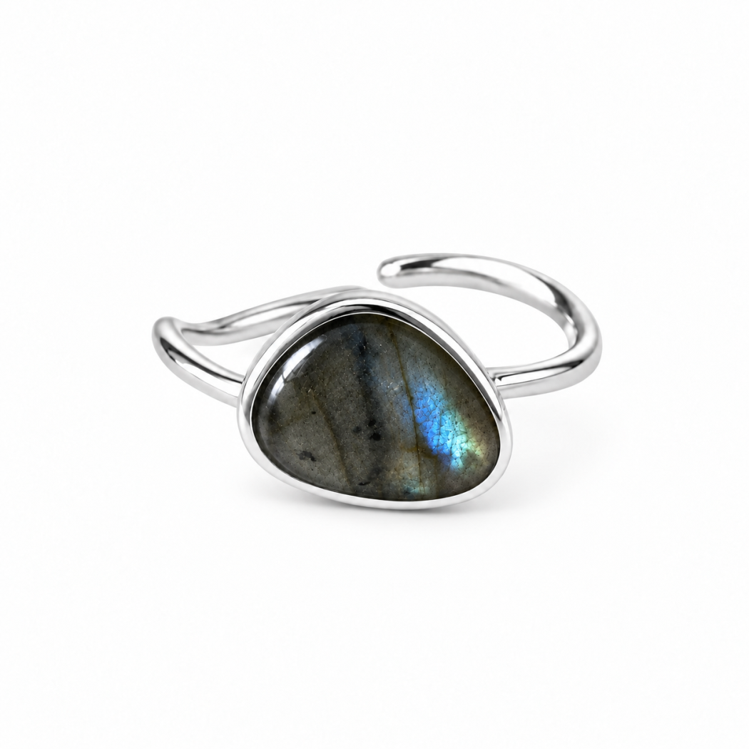 Bague femme en argent 925 ajustable avec pierre labradorite aux reflets