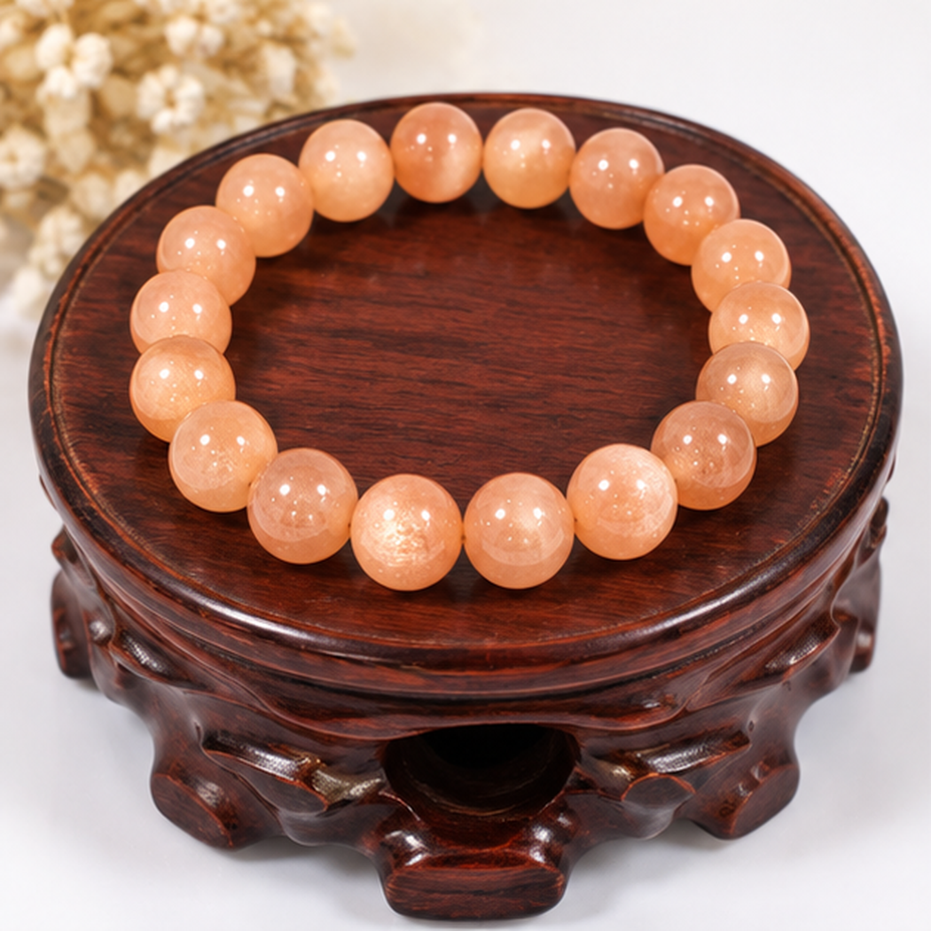Bracelet extensible en pierre de soleil naturelle présenté sur un support