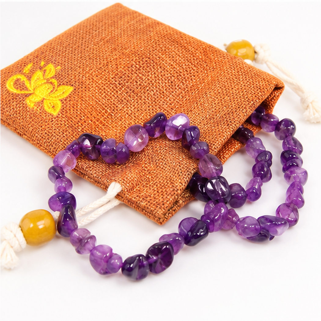 Bracelet en améthyste naturelle 6mm accompagné de sa pochette