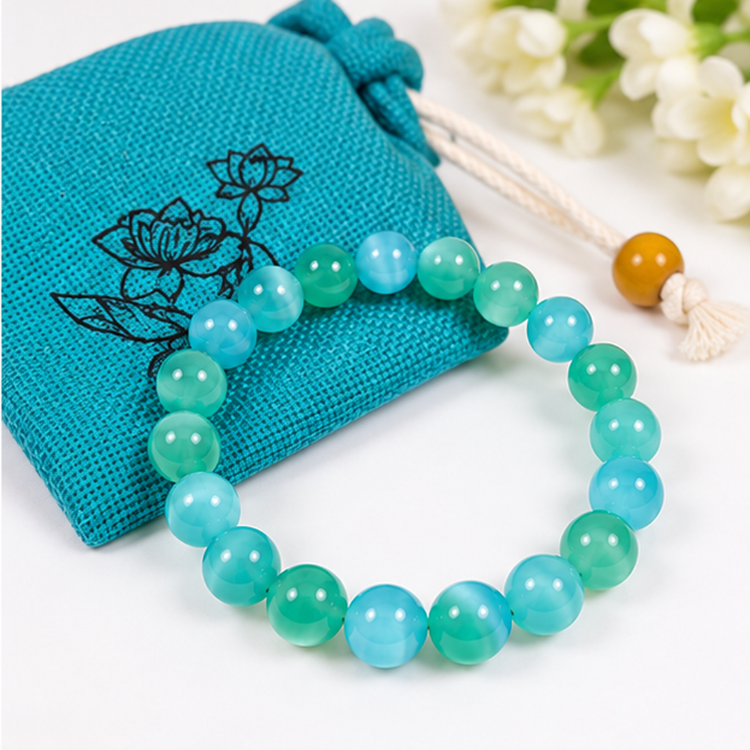 Bracelet en cristal de sélénite vert cyan 8mm avec sa pochette
