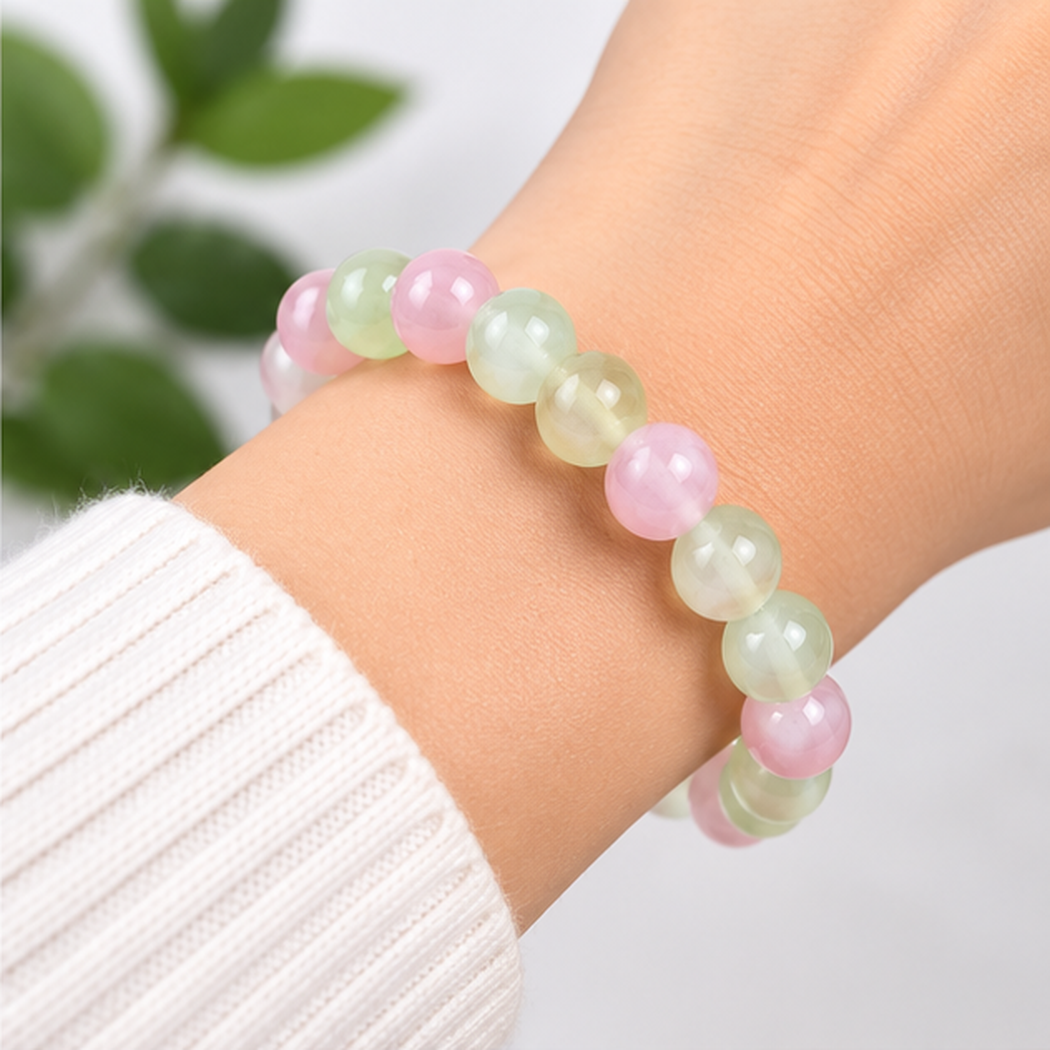 Bracelet en cristal de sélénite 8mm porté au poignet