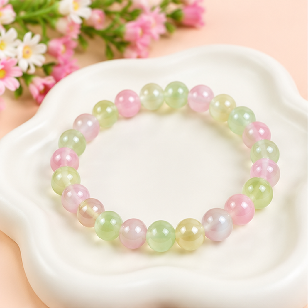 Bracelet en cristal de sélénite rose vert clair avec perles naturelles de 8mm