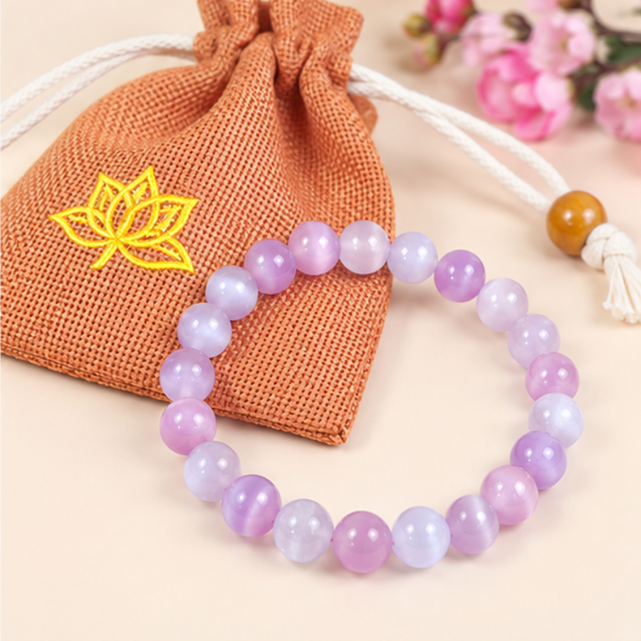 Bracelet en cristal de sélénite rose pourpre 8mm avec sa pochette
