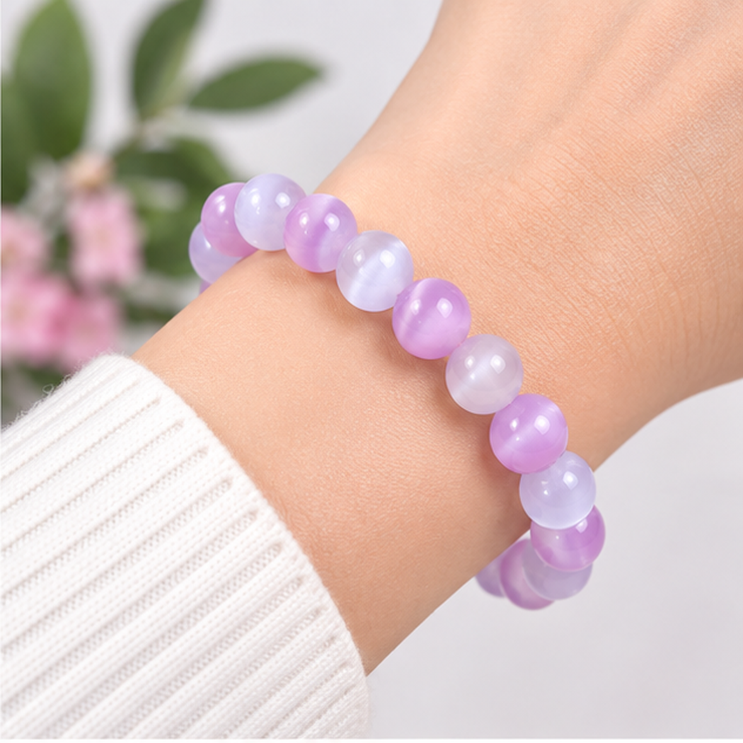 Bracelet en cristal de sélénite rose pourpre 8mm porté au poignet