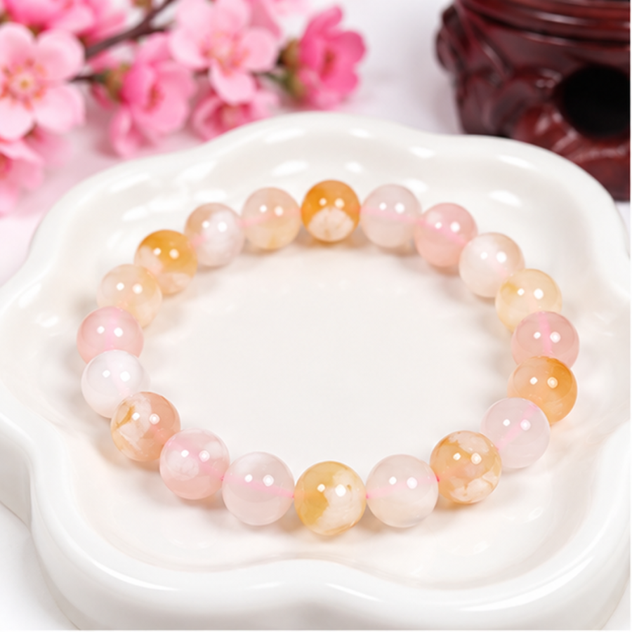 Bracelet extensible en agate fleur de cerisier perles rondes 8mm