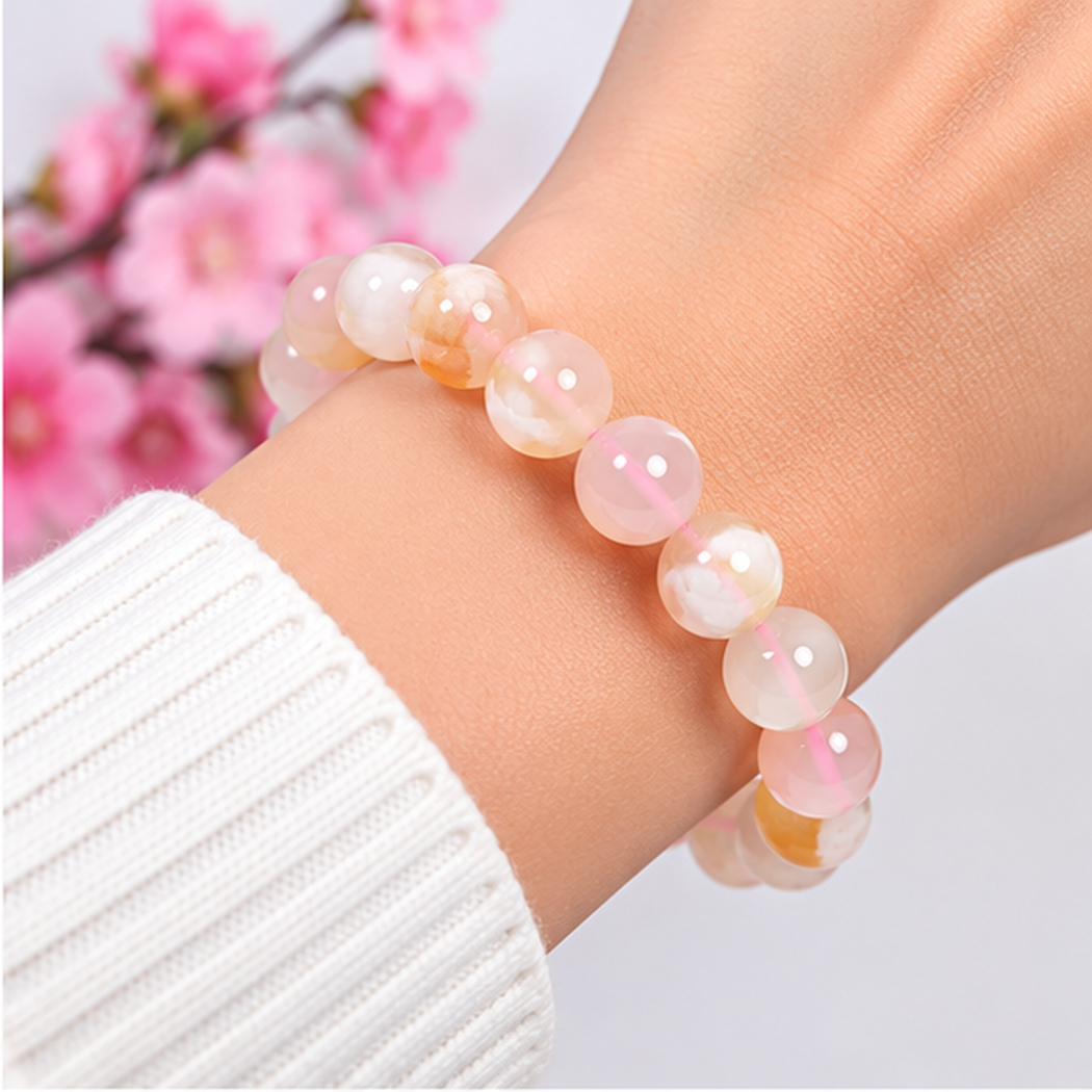 Bracelet en agate fleur de cerisier naturelle 8mm porté au poignet