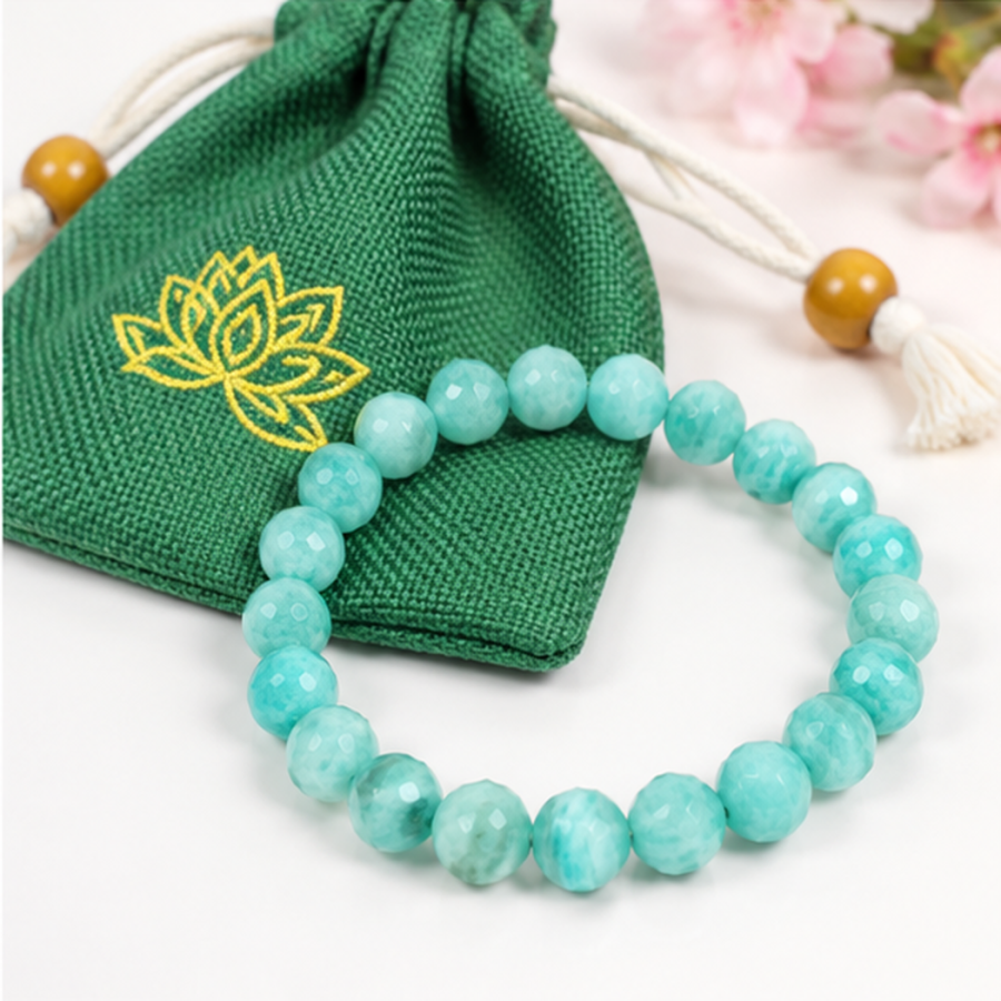 Bracelet en amazonite naturelle 8mm avec sa pochette en tissu