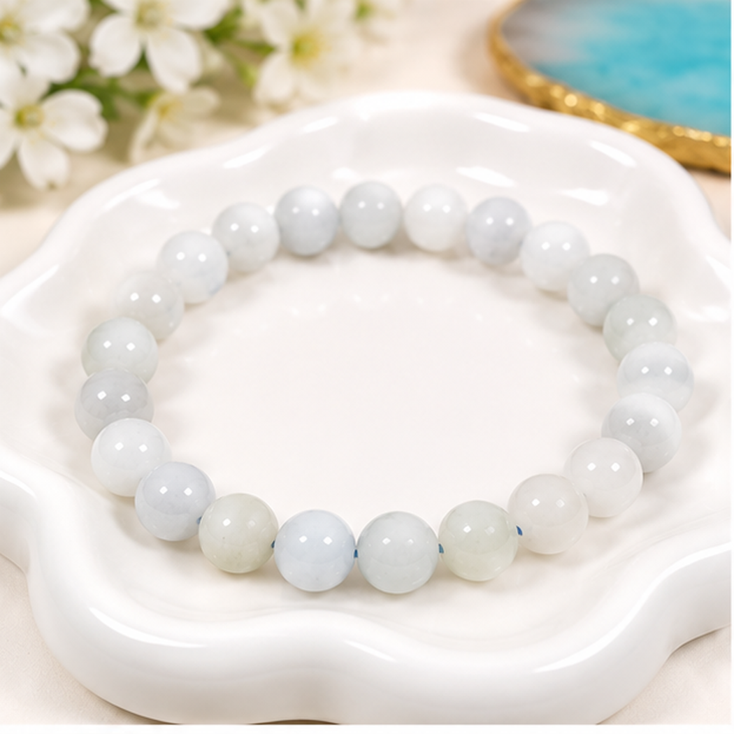 Bracelet extensible en aigue-marine naturelle avec perles rondes de 8mm bleu pâle translucide