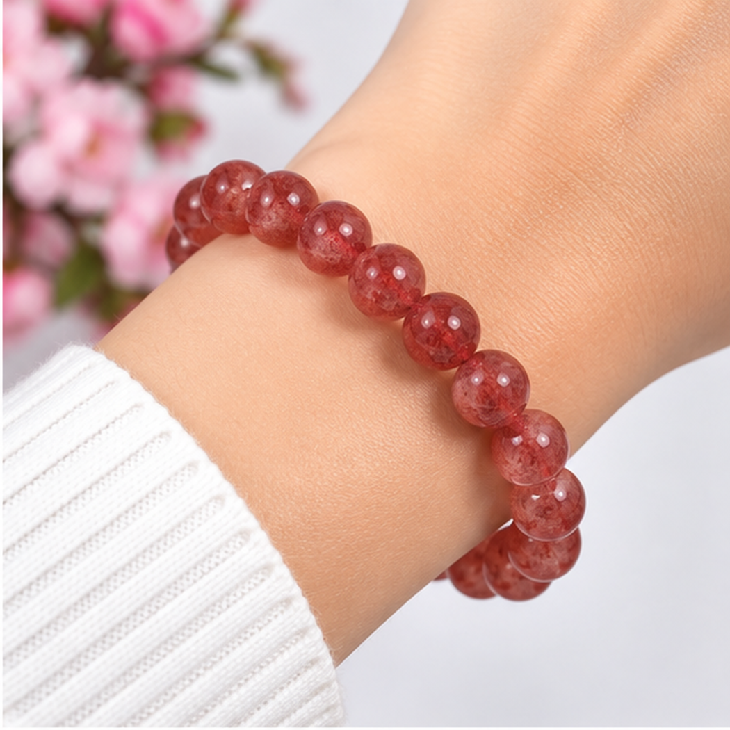 Bracelet en quartz fraise Starlight naturel 8mm porté au poignet