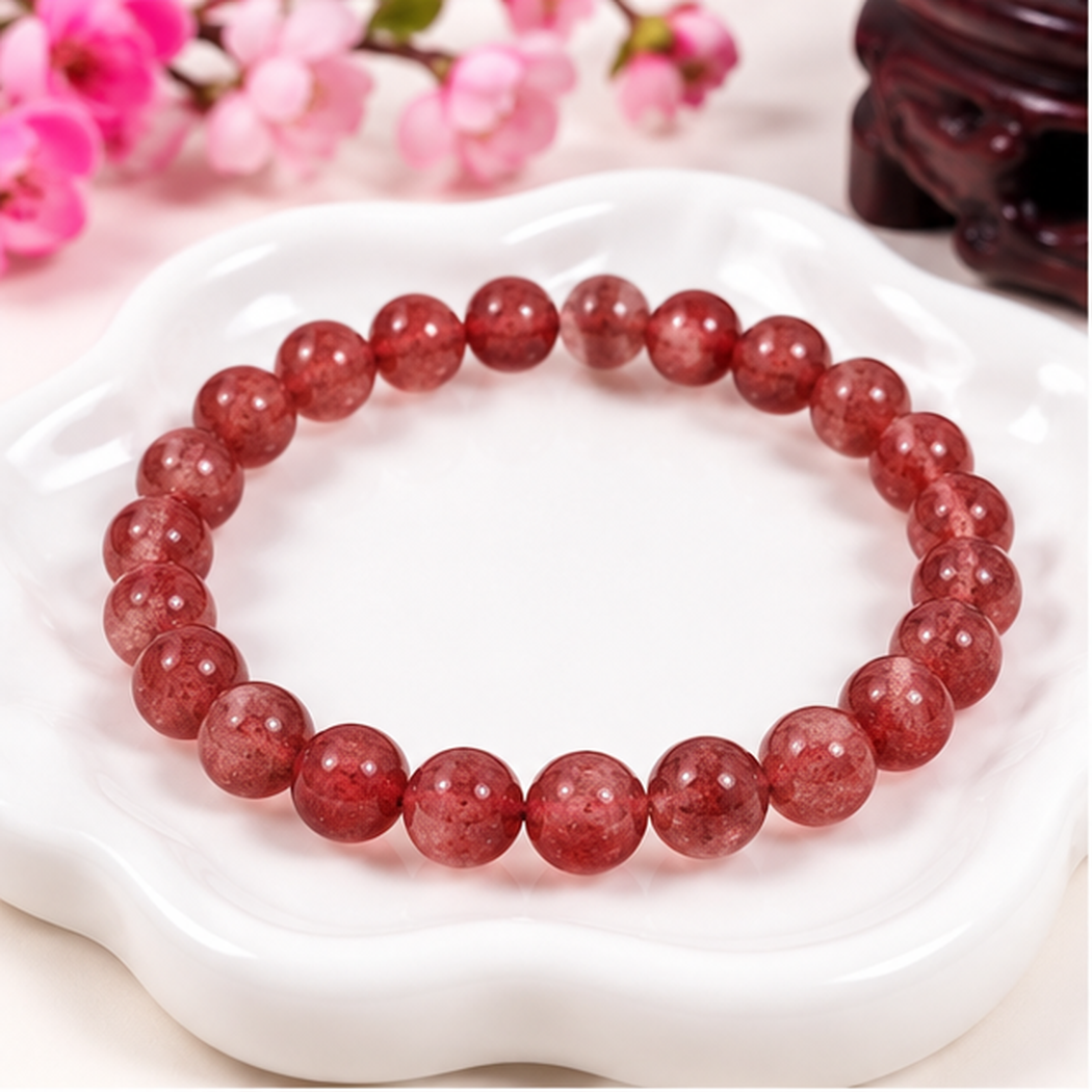 Bracelet extensible en quartz fraise Starlight avec perles naturelles rondes de 8mm