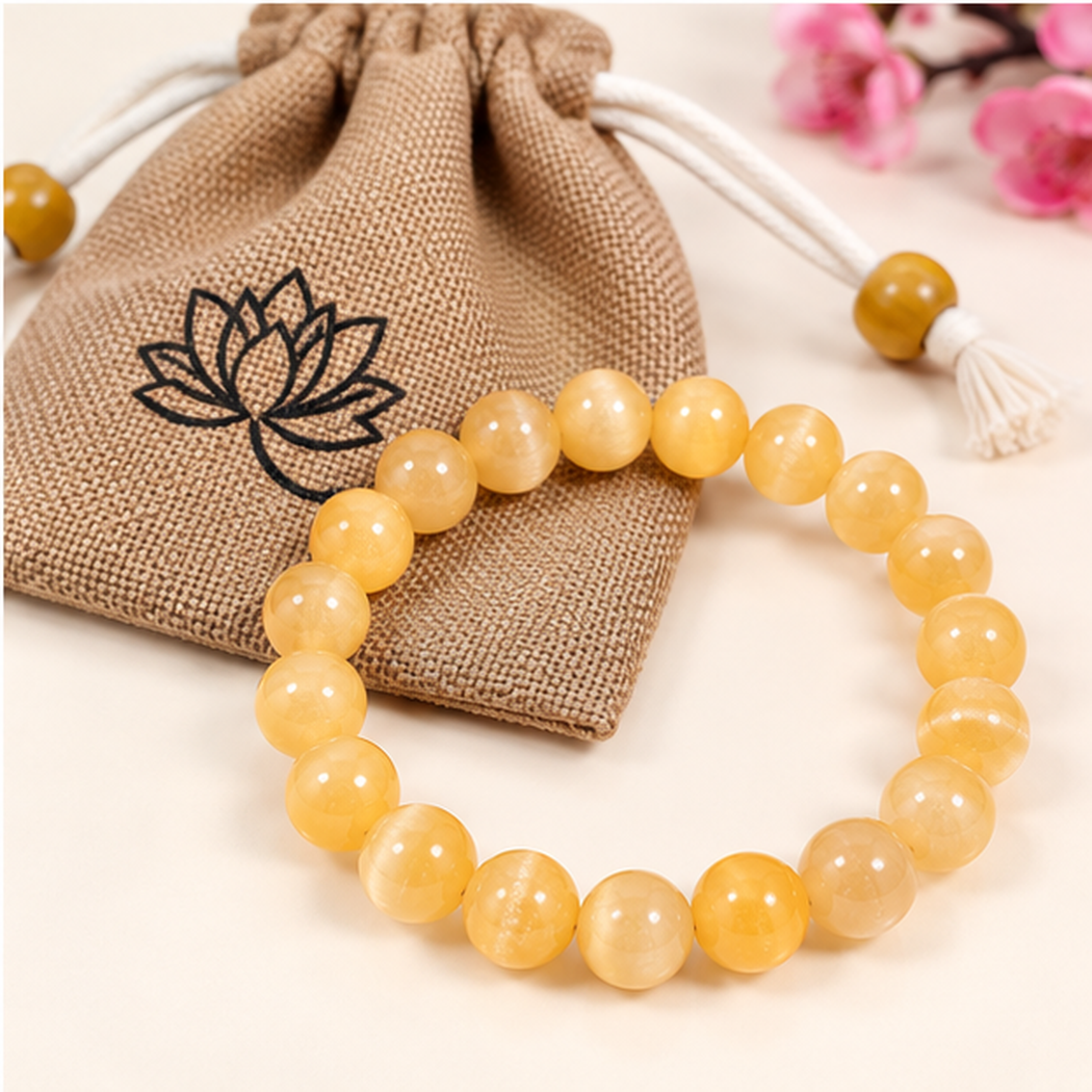 Bracelet en cristal de sélénite orange 8mm avec sa pochette en tissu