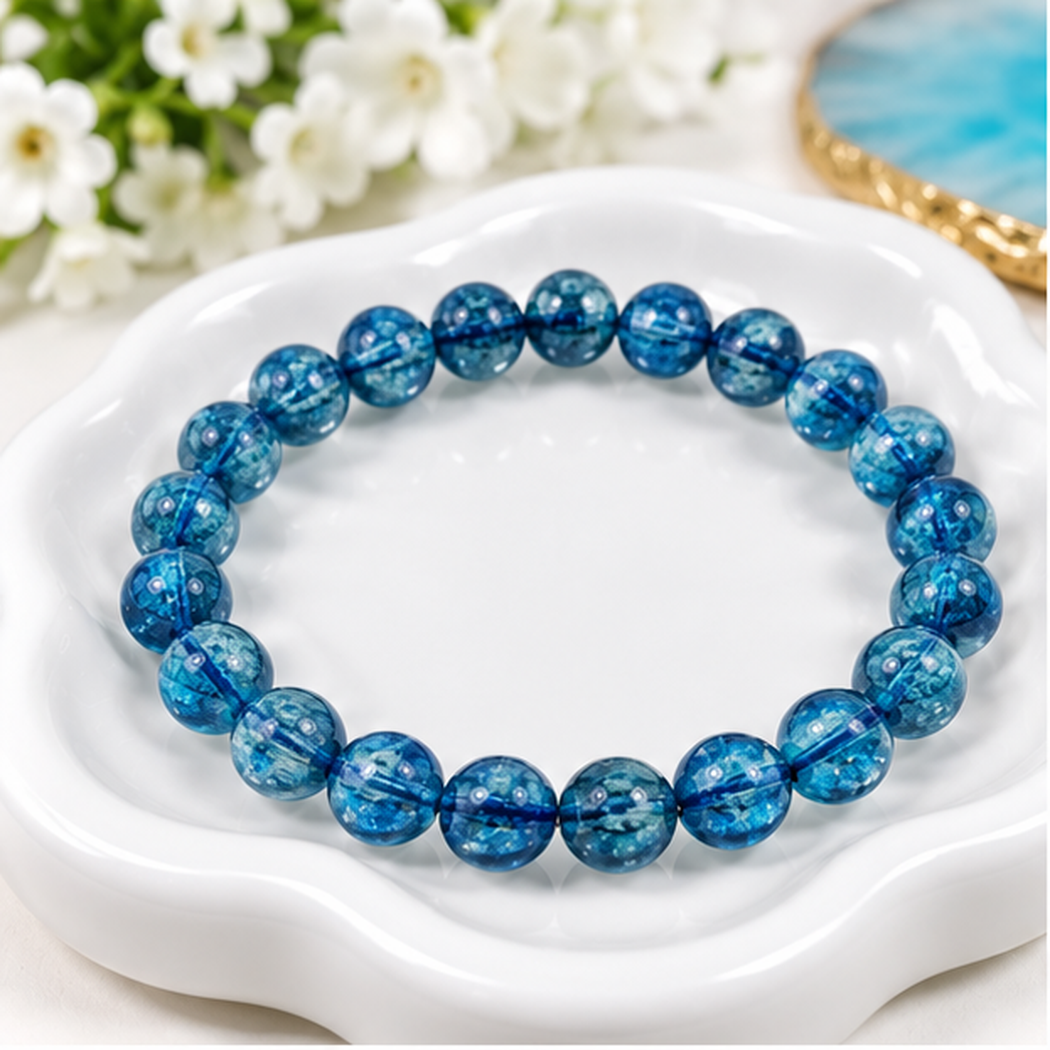 Bracelet extensible en cyanite bleue naturelle avec perles rondes de 8mm