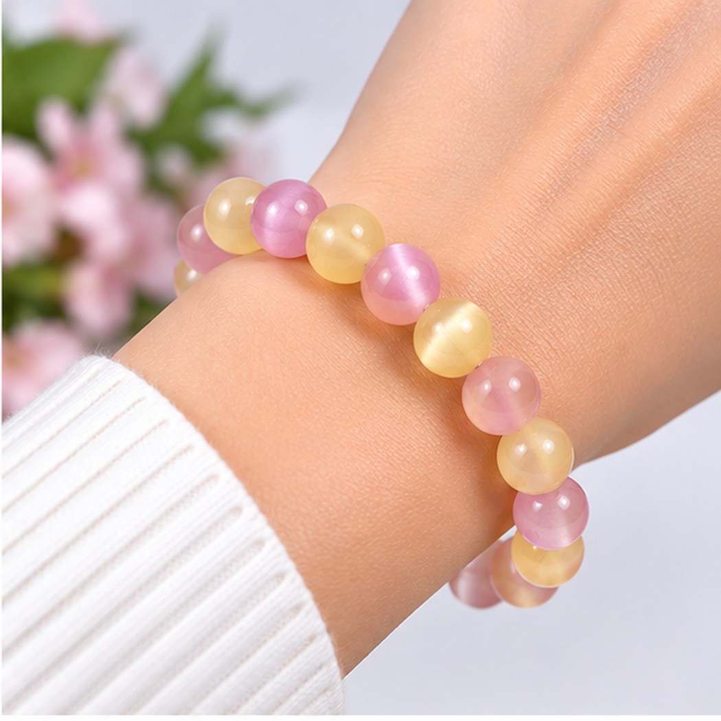 Bracelet en cristal de sélénite rose jaune 8mm porté au poignet