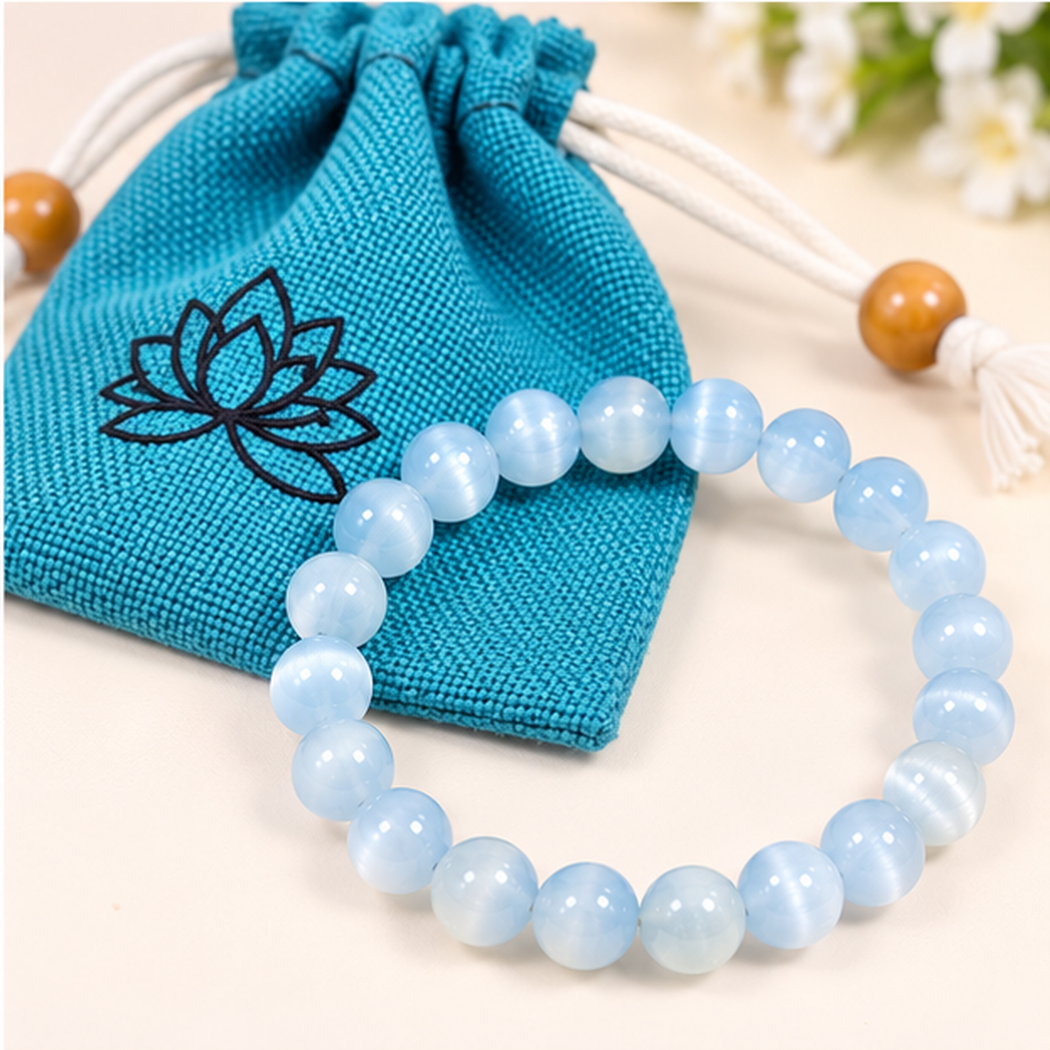 Bracelet extensible sélénite bleu clair perles 8mm avec pochette