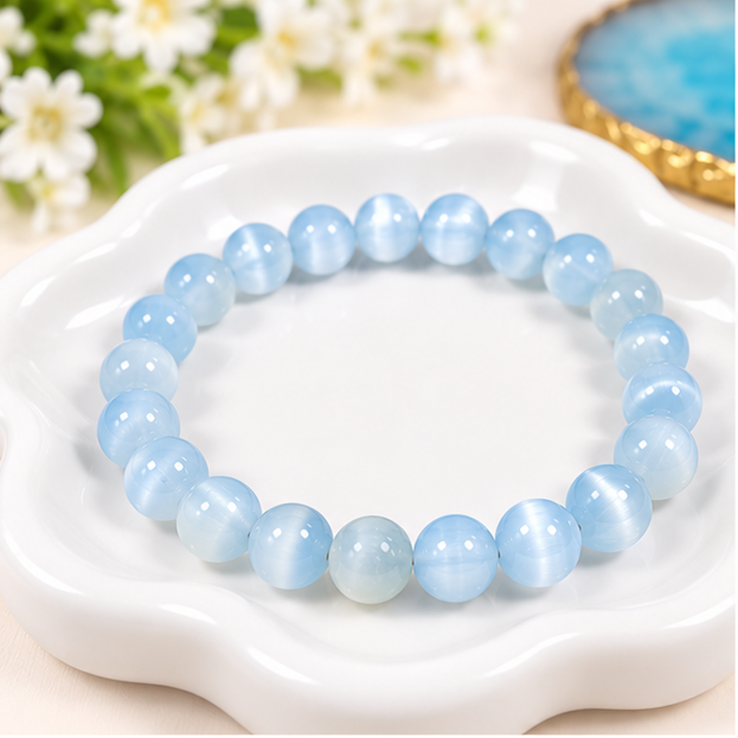Bracelet en cristal de sélénite bleu clair avec perles naturelles rondes de 8mm