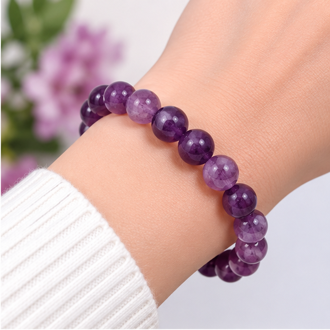 Bracelet extensible en améthyste naturelle 8mm porté au poignet