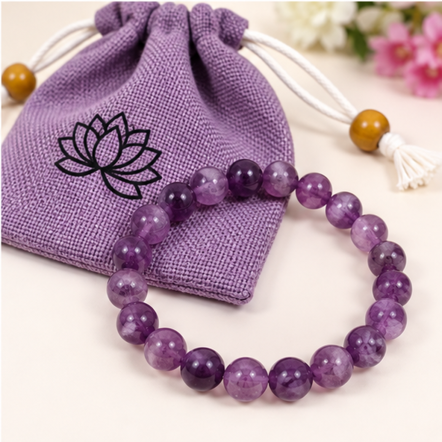 Bracelet extensible améthyste naturelle 8mm avec pochette
