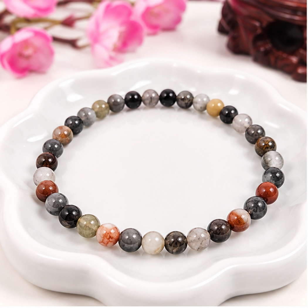 Bracelet extensible en œil d’aigle naturel avec perles rondes de 6mm