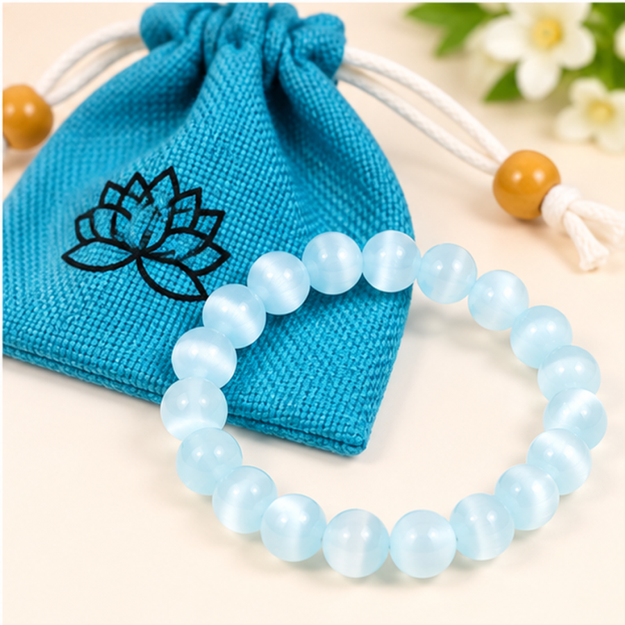 Bracelet extensible sélénite cyan perles 8mm avec pochette
