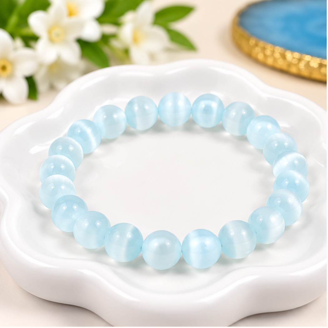 Bracelet en cristal de sélénite cyan avec perles naturelles rondes de 8mm