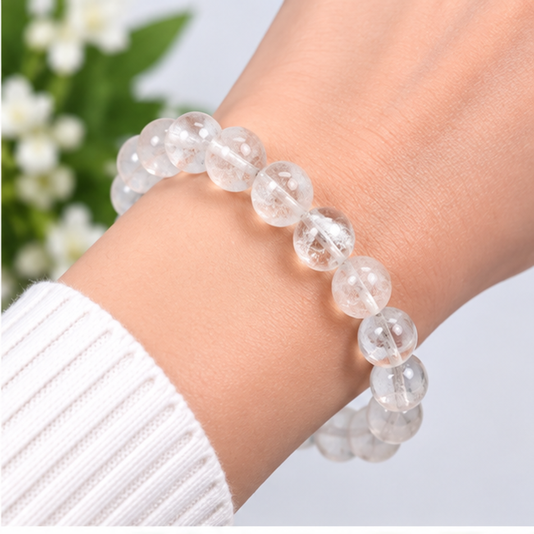 Bracelet en cristal de roche blanc naturel 8mm porté au poignet