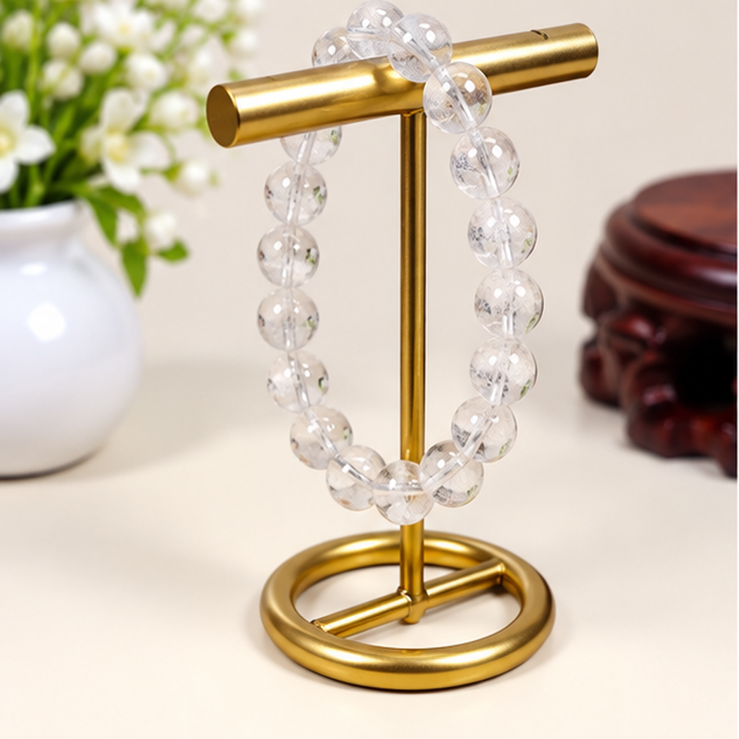 Bracelet cristal de roche blanc perles naturelles rondes 8mm sur présentoir
