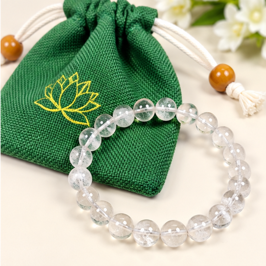 Bracelet extensible cristal de roche blanc perles rondes 8mm avec pochette