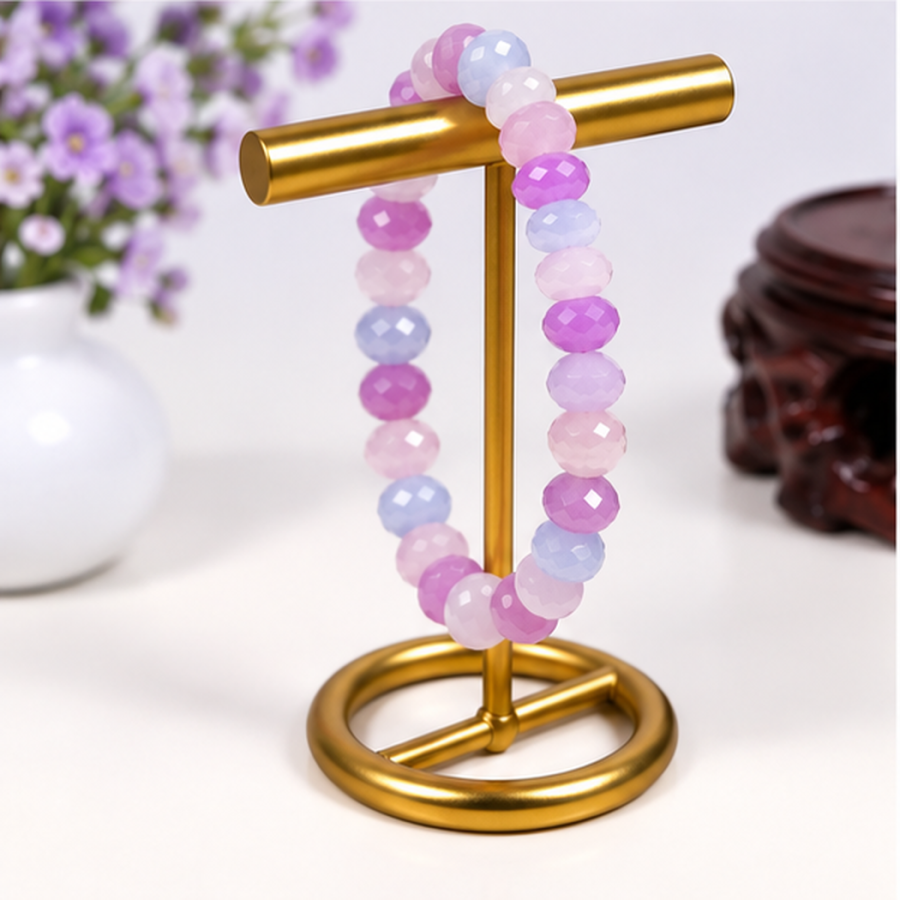 Bracelet extensible en quartz lavande avec perles facettées aux nuances de lilas, rose pâle et bleu clair