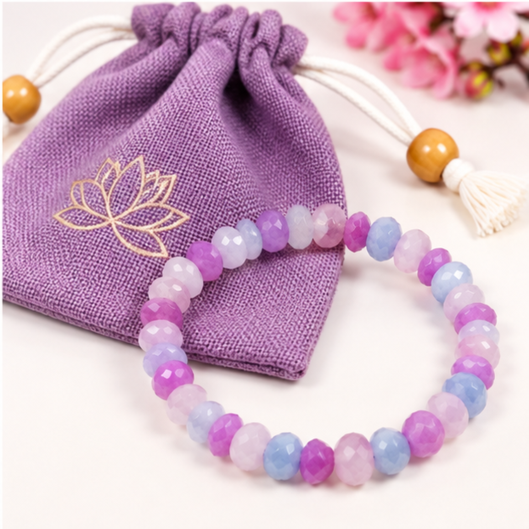 Bracelet extensible quartz lavande perles facettées 8mm avec pochette