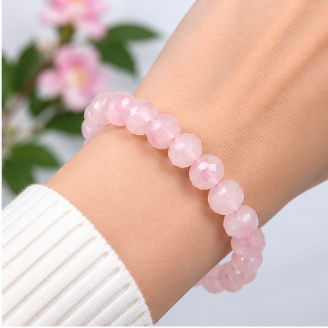 Bracelet en quartz rose perles facettées 8mm porté au poignet