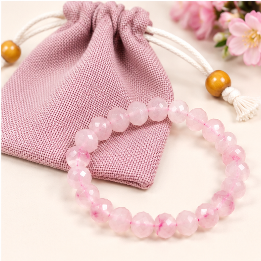 Bracelet extensible quartz rose perles facettées 8mm avec pochette