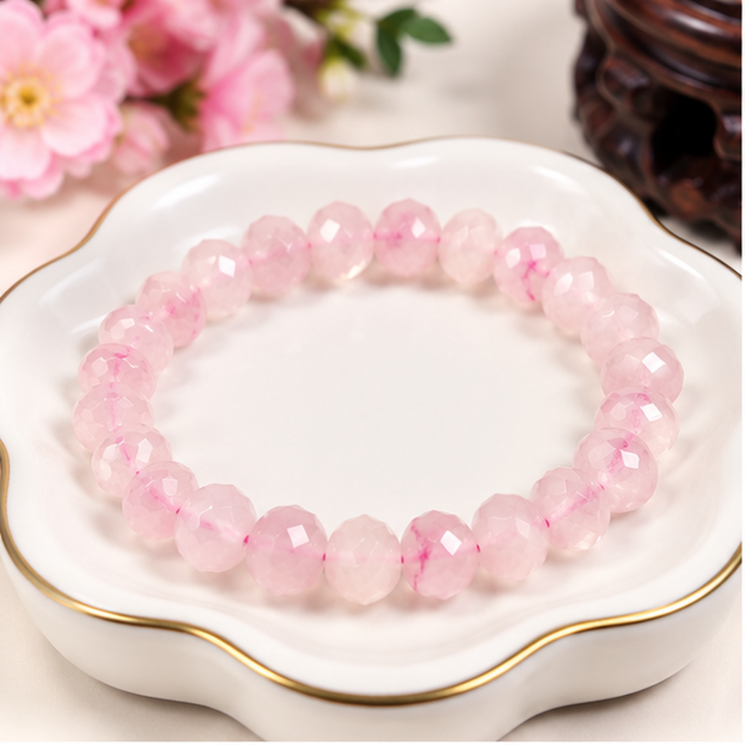 Bracelet extensible en quartz rose naturel avec perles facettées de 8mm