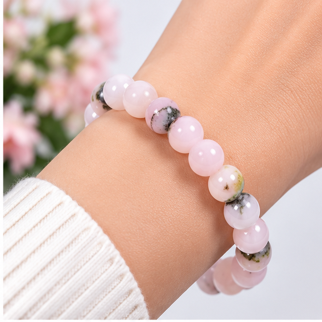 Bracelet en Opale Rose naturelle 8mm porté au poignet, avec ses nuances roses et ses inclusions naturelles