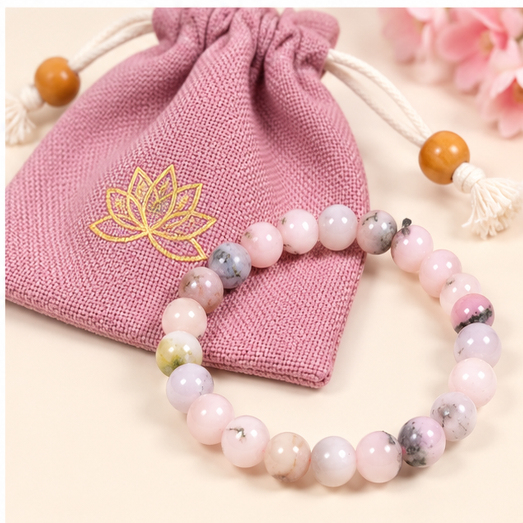 Bracelet extensible en Opale Rose naturelle 8mm accompagné de sa pochette de rangement