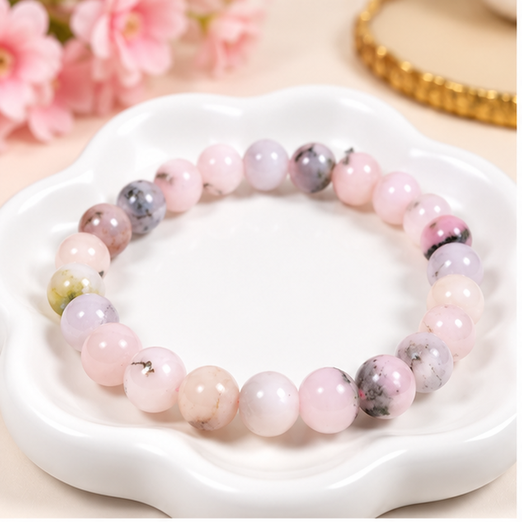 Bracelet extensible en Opale Rose naturelle 8mm, présenté sur une coupelle blanche
