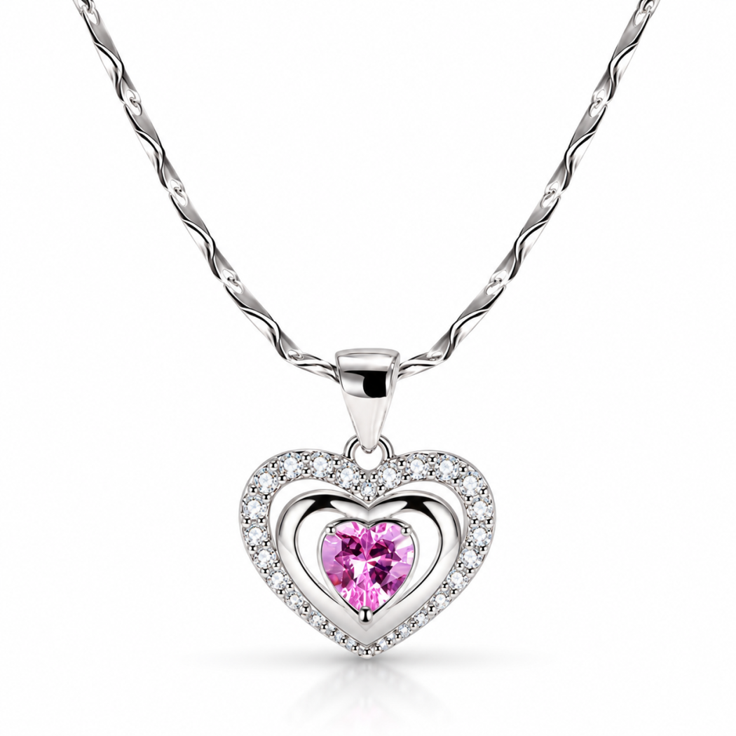 Collier femme cœur en argent 925 avec pierre rose