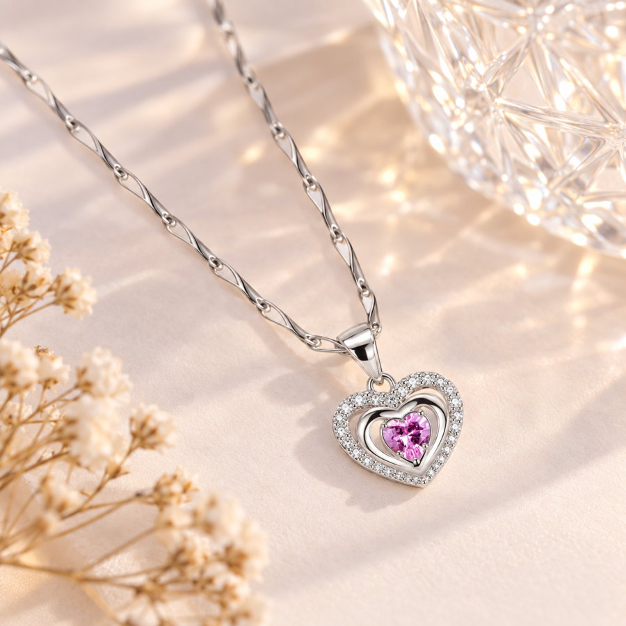 Détail du pendentif cœur en argent 925 avec pierre rose