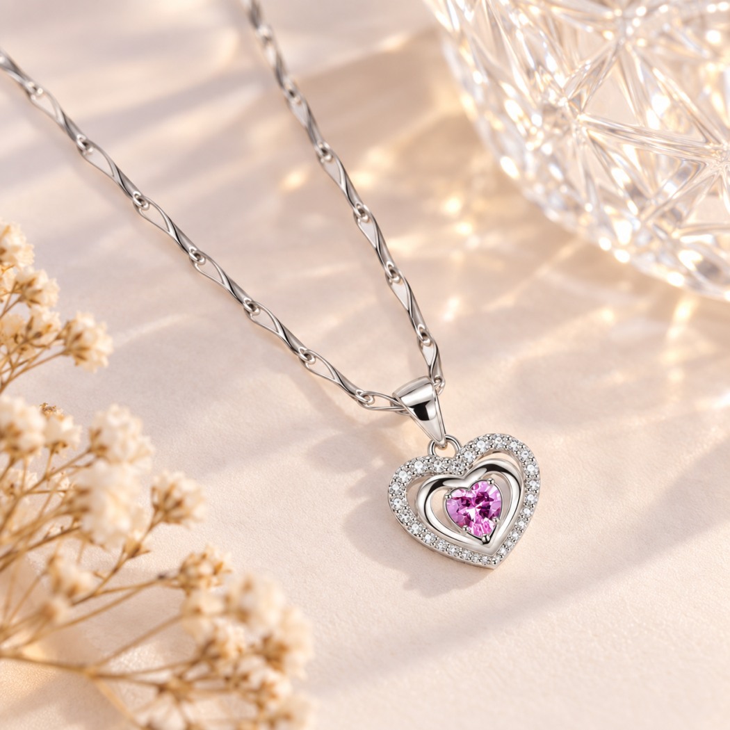 Détail du pendentif cœur en argent 925 avec pierre rose