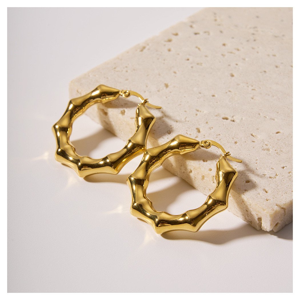 Boucles d'Oreilles Acier Créoles à Clips en Bambou - Acier Inoxydable Plaqué Or 18K