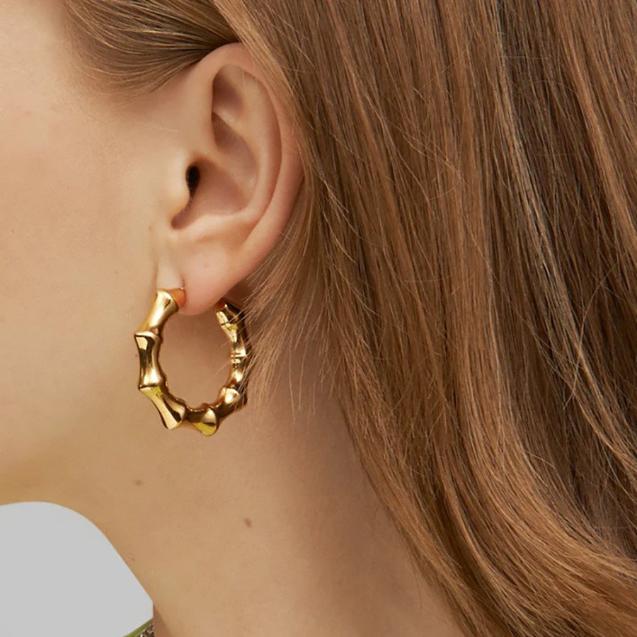Boucles d'Oreilles Acier Créoles à Clips en Bambou - Acier Inoxydable Plaqué Or 18K