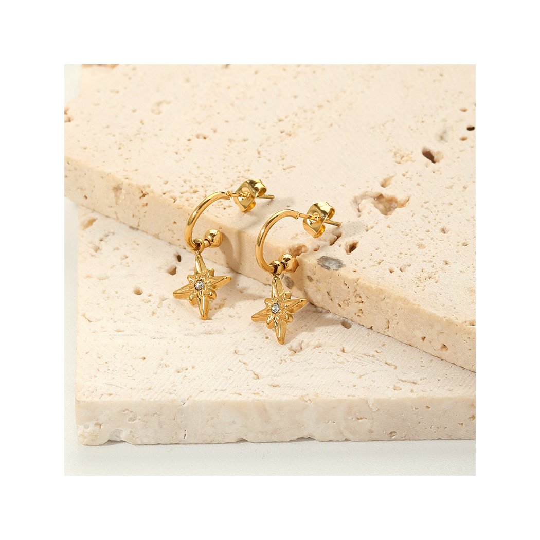 Boucles d'Oreilles Pendentif Fleur de Soleil - Acier Inoxydable Plaqué Or 18K