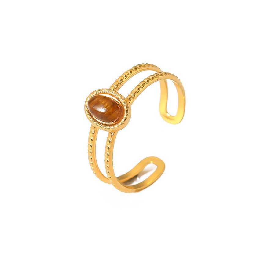 Bague ajustable double bande avec pierre ovale | Bague en acier inoxydable plaqué or 18k