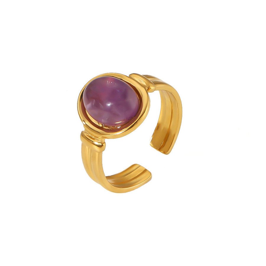 Bague ajustable en acier inoxydable plaqué or 18k avec pierre œil de tigre violet ovale.